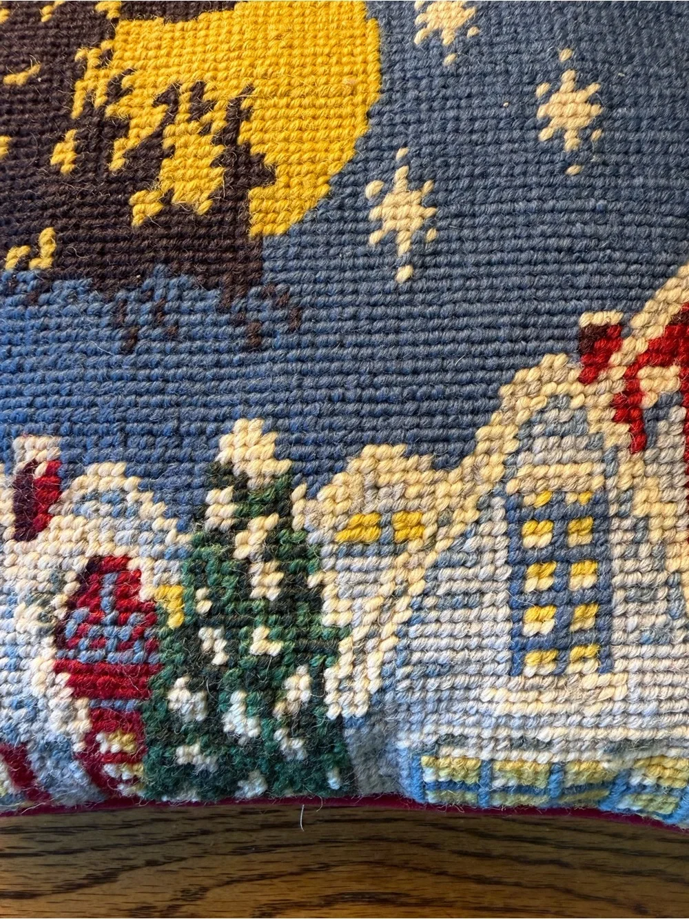 Vintage Christmas Needlepoint Pillow Snow Village Moon Velvet Back 10”